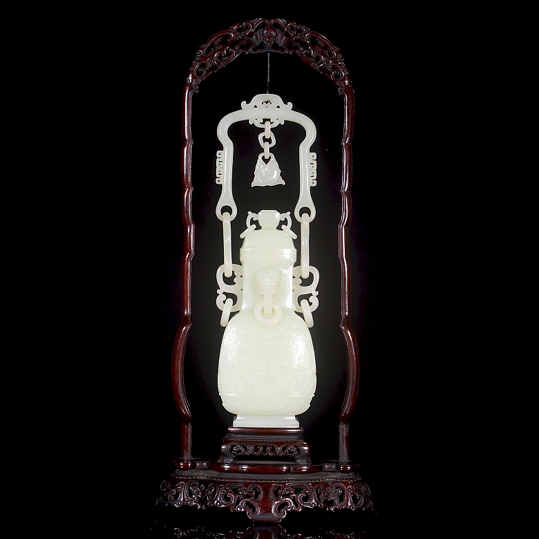 Jarrón colgante de jade blanco de Hetian, dinastía Qing