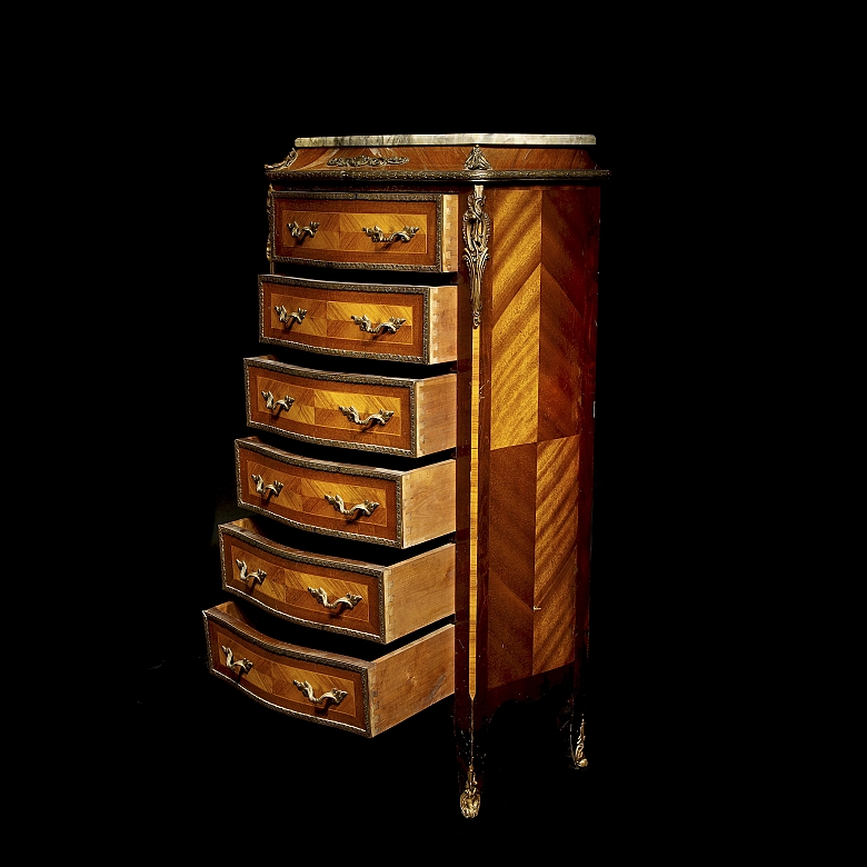 Chiffonier estilo Luis XV de madera y mármol, med. s.XX