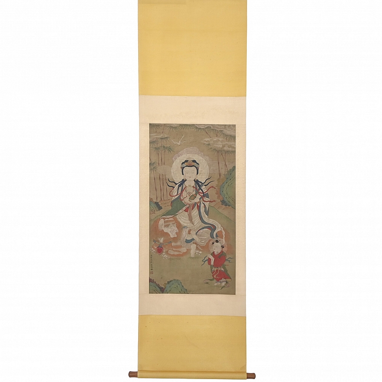 Chinese painting ‘Guanyin on a celestial lion’, signed Jin Liying