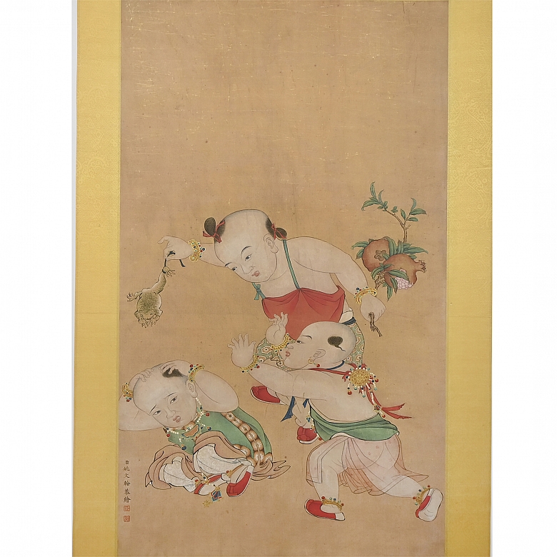 Pintura china “Niños con granada y sapo”, con firma Yao Wenhan