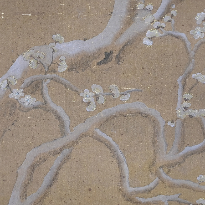 Pintura china “Patos mandarines bajo ciruelo en flor”, con firma Lu Zhi