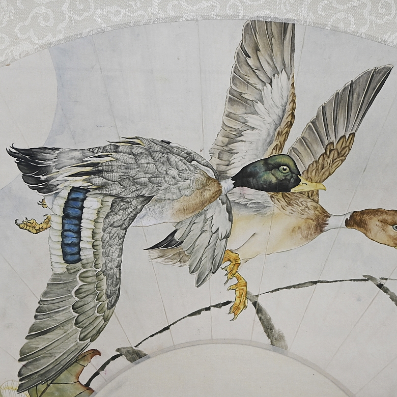 Chinese fan painting “Ducks Among Lotus Flowers,” signed Liu Kuiling