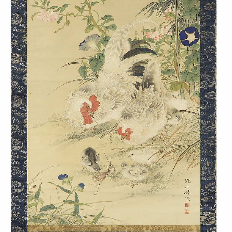 中国《母鸡带雏》画，20世纪 - 4