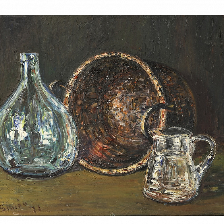 P. Simón (20th century) “Still Life with Jug and Vase,” 1971