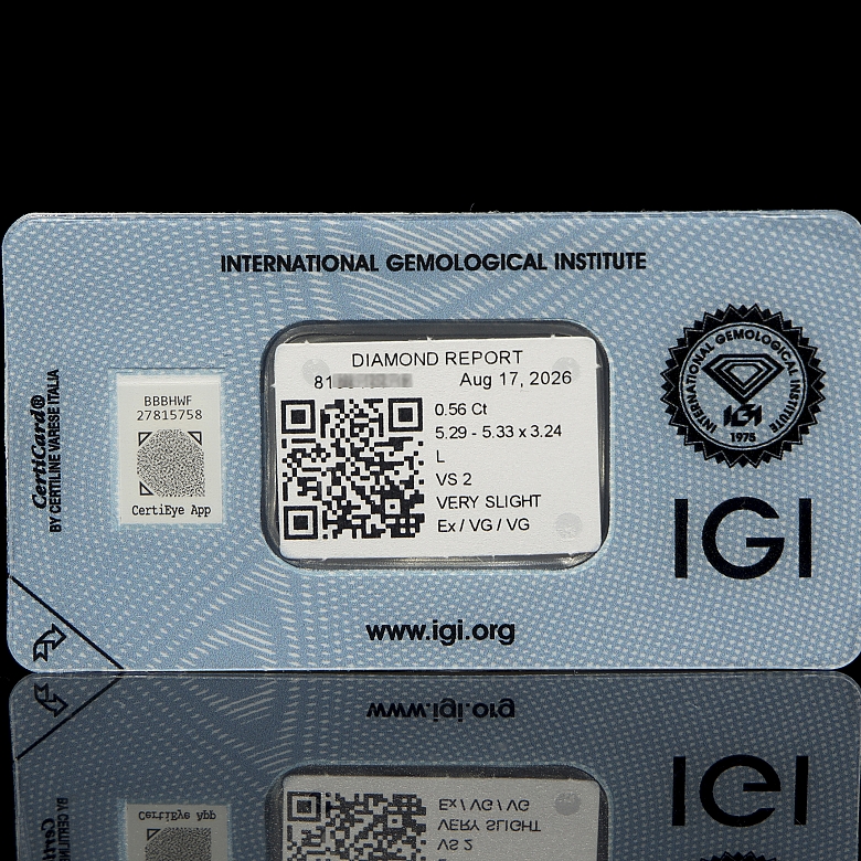 Diamante natural en talla brillante, 0.56 ct, certificado IGI