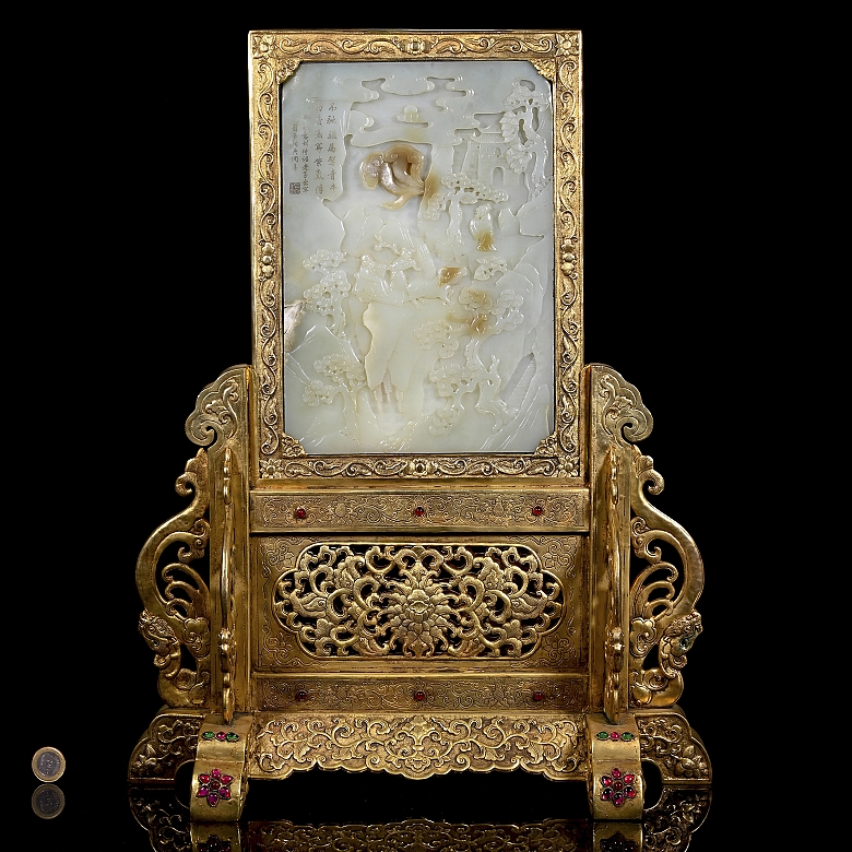 Panel de jade blanco y bronce dorado