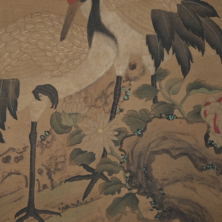 Chinese painting ‘Cranes with Flowers and Pine Tree’, signed Zhou Zhimian