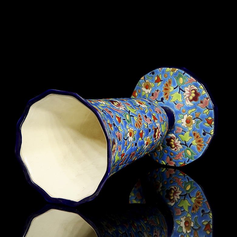 Longwy, glazed ceramic vase ‘Flowers’, 20th century