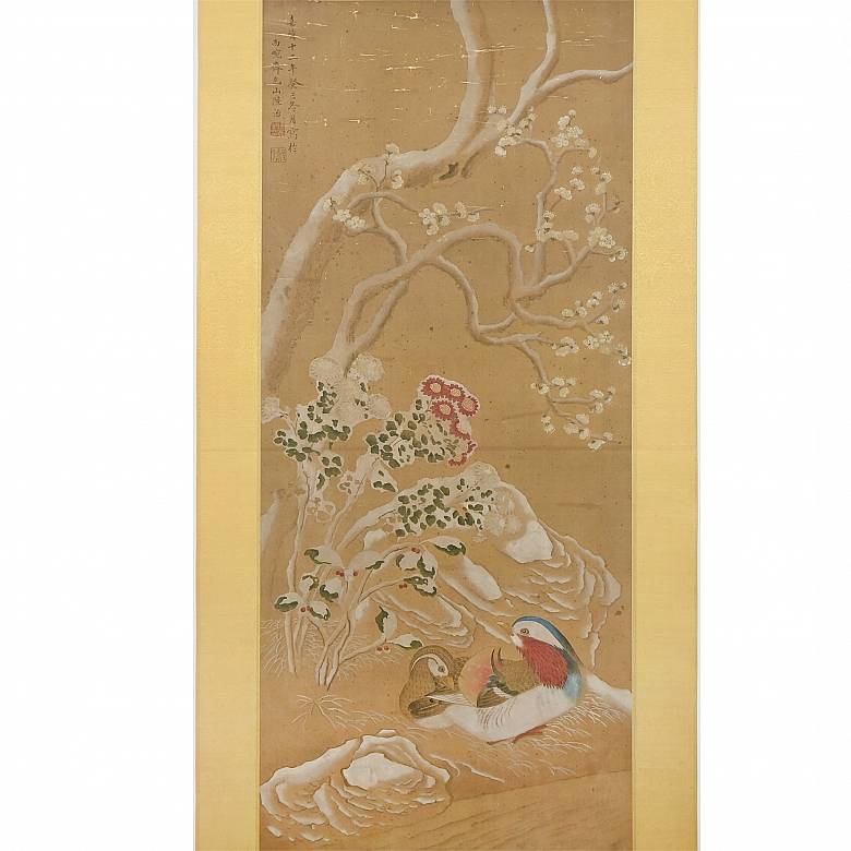 Pintura china “Patos mandarines bajo ciruelo en flor”, con firma Lu Zhi