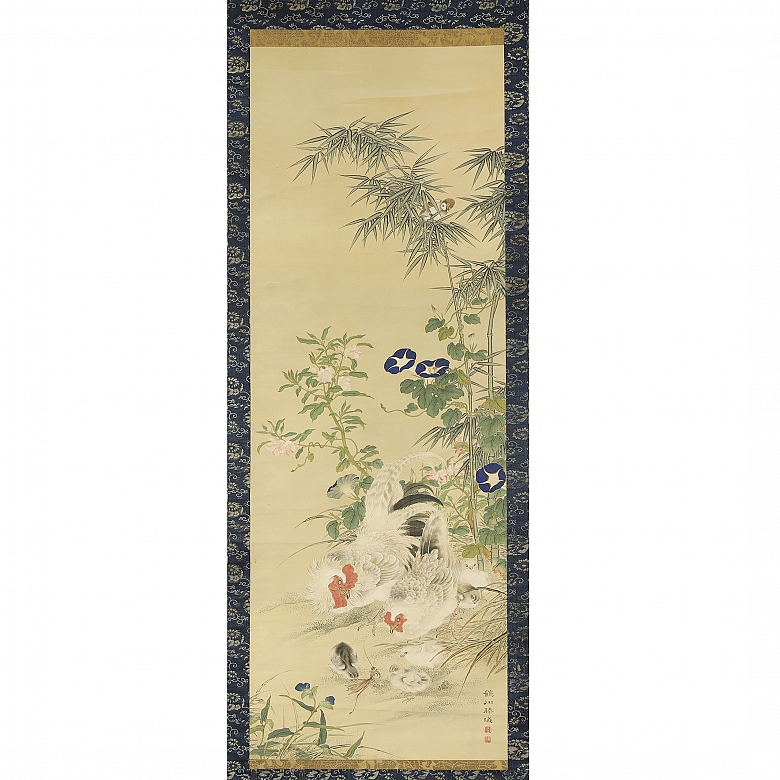 中国《母鸡带雏》画，20世纪 - 1