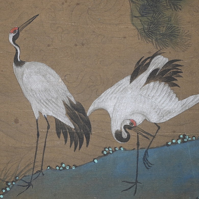 Chinese painting ‘Cranes under a pine tree’, signed Zhang Weibang