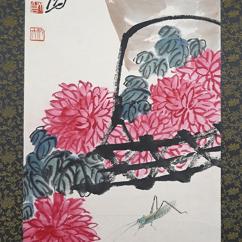Chinese painting “Chrysanthemums and stone rock,” signed Qi Baishi