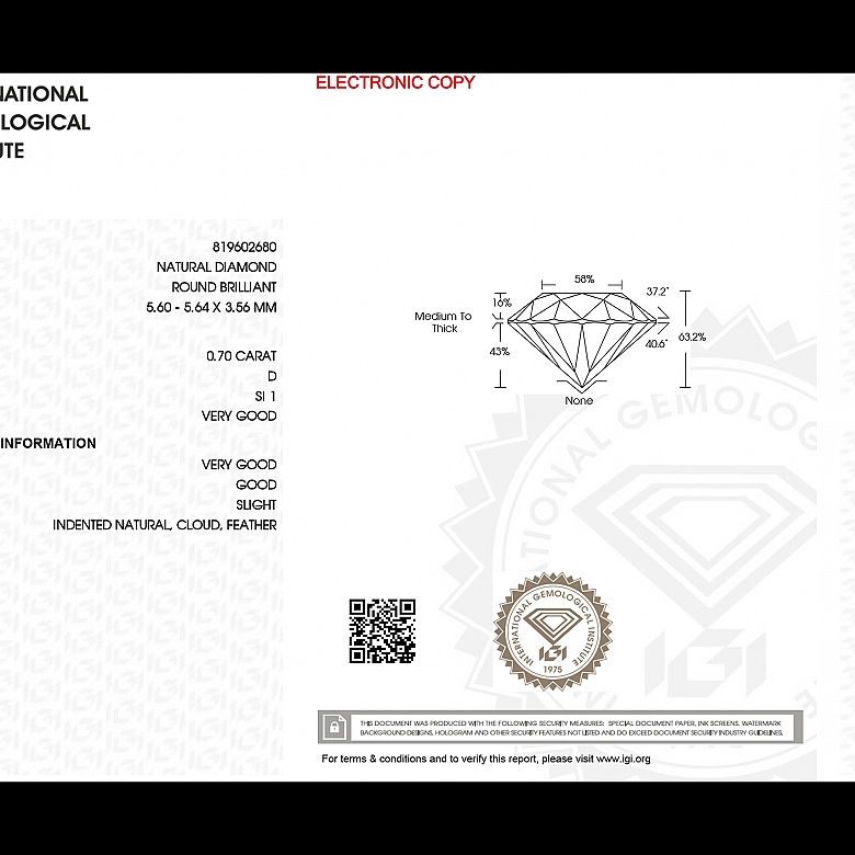 Diamante natural en talla brillante, 0.70 ct, certificado IGI