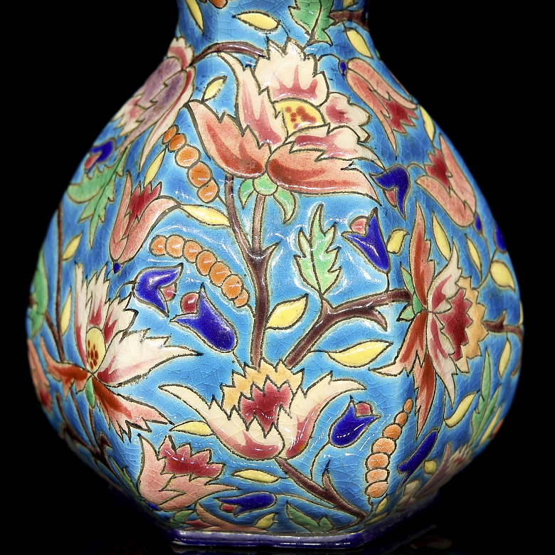 Longwy, hexagonal glazed ceramic vase, early 20th century
