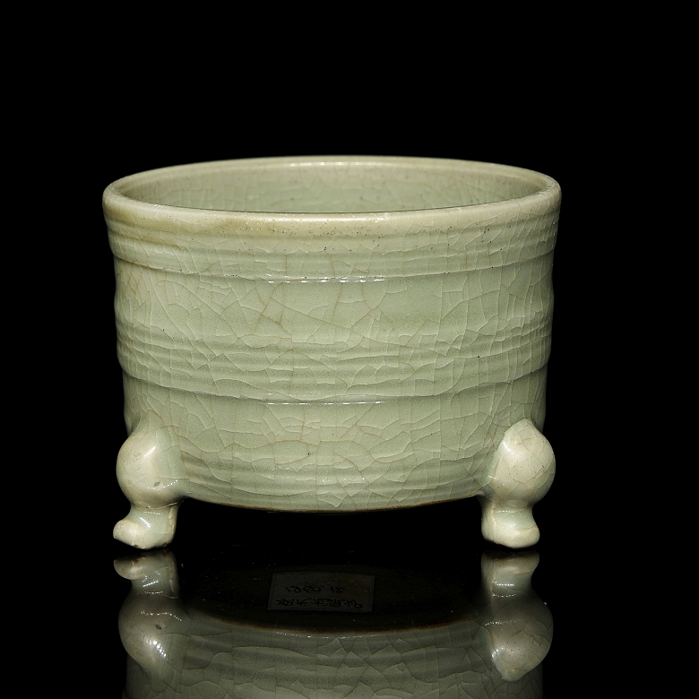 Recipiente trípode de cerámica con vidriado celadón, estilo Ge yao