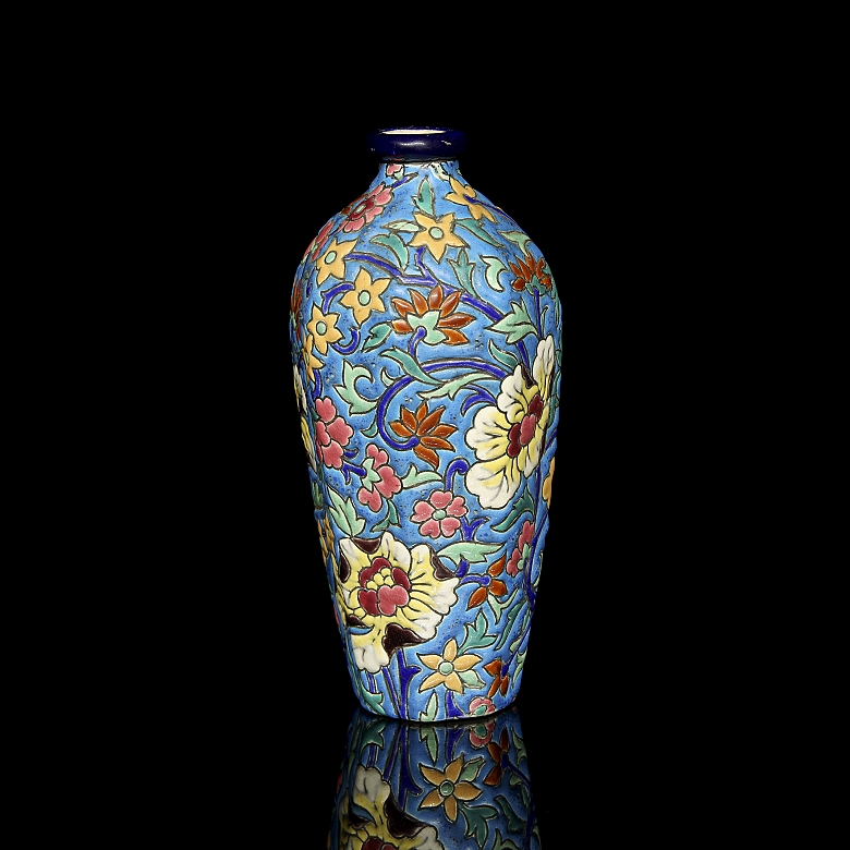 Longwy, hexagonal ceramic vase ‘Flowers’, early 20th century