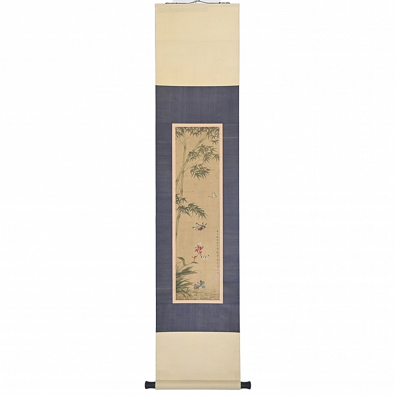 Pintura china “Bambú y mariposas”, con firma Yu Sheng