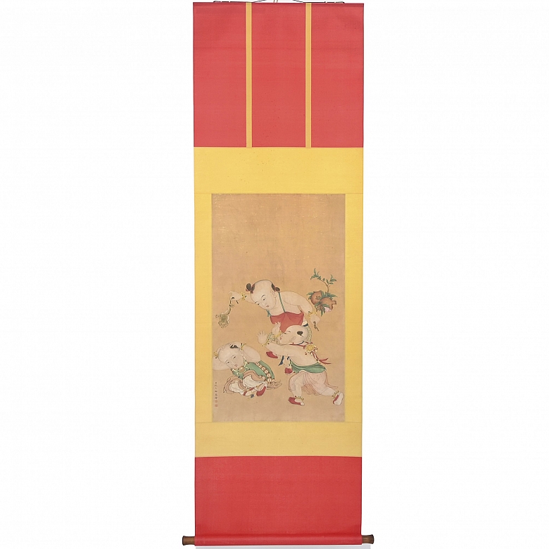 Pintura china “Niños con granada y sapo”, con firma Yao Wenhan