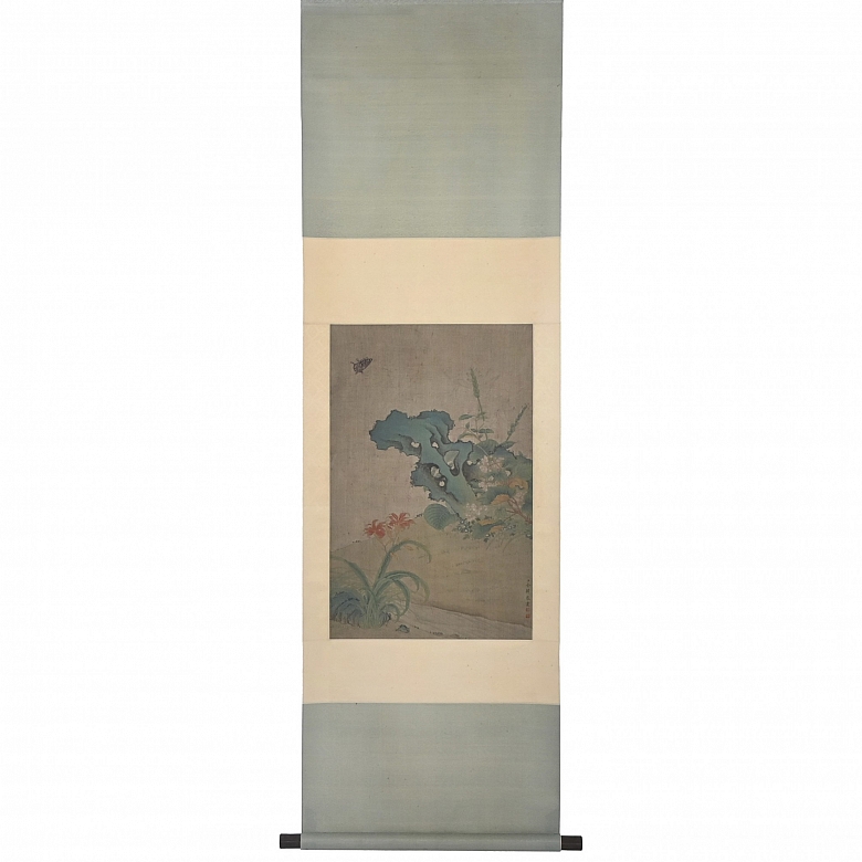 Chinese painting ‘Rock and Flowers with Butterfly’, signed Yu Xi
