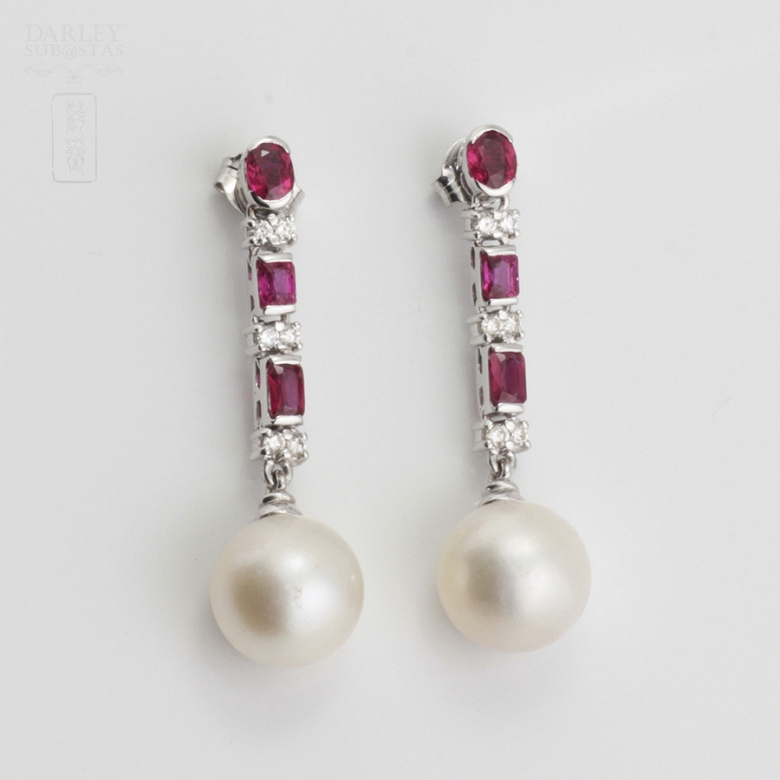 Pendientes oro 18k con rubí, diamantes y perla - 3