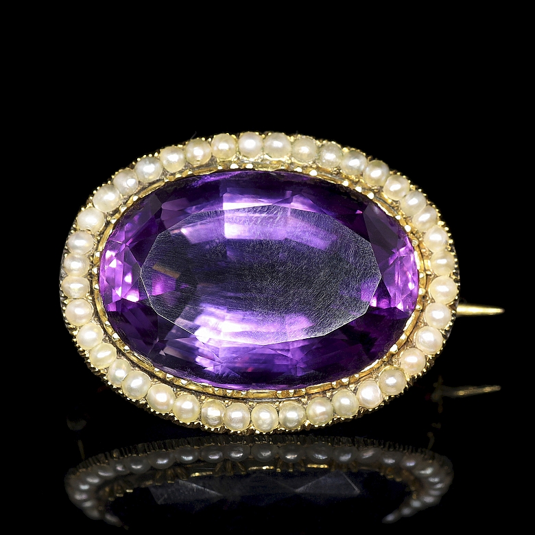 Broche de oro de 14 k con amatista y perlas, estilo Victoriano