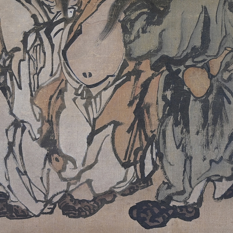 Pintura china “Tres inmortales”, con firma Huang Shen