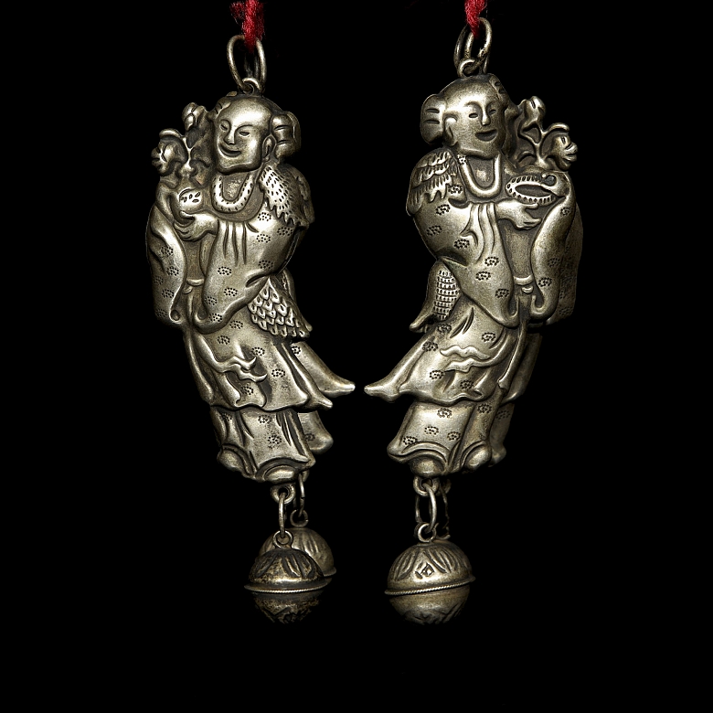 Pair of silver-plated metal ‘Characters’ pendants, Qing dynasty