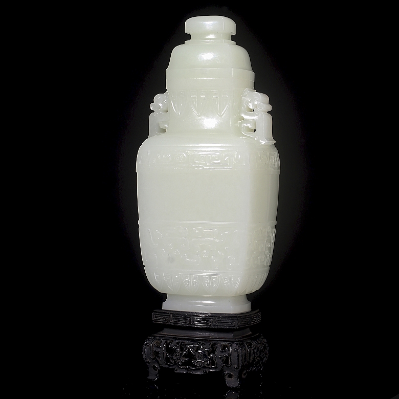 Hetian white jade vase ‘Masks’, Qing dynasty