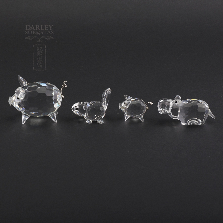 Juego de cuatro figuras en cristal de Swarovski, dos cerdos, hipopótamo y castor - 5