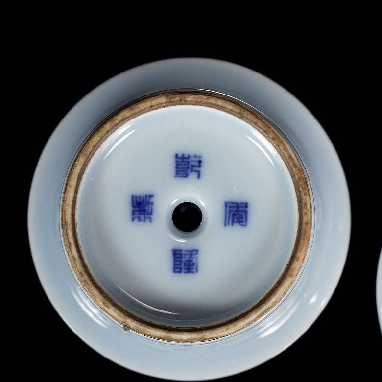 Pair of porcelain flower pots with sky blue glaze, marked Qianglong