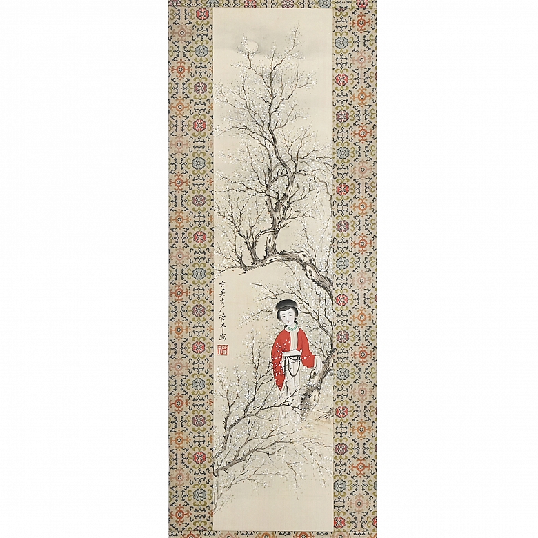 Pintura china “Dama entre ciruelos en flor”, con sello Guan Pinhu