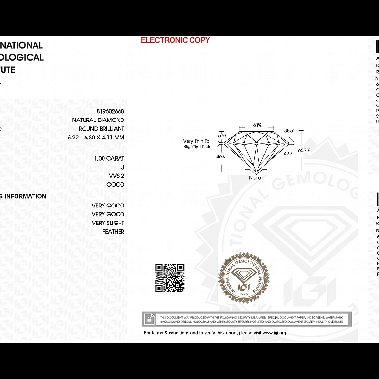 Diamante natural en talla brillante, 1.00 ct, certificado IGI