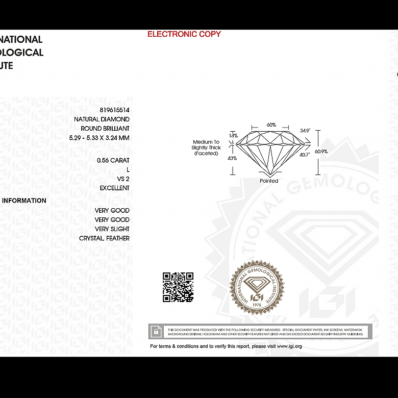 Diamante natural en talla brillante, 0.56 ct, certificado IGI