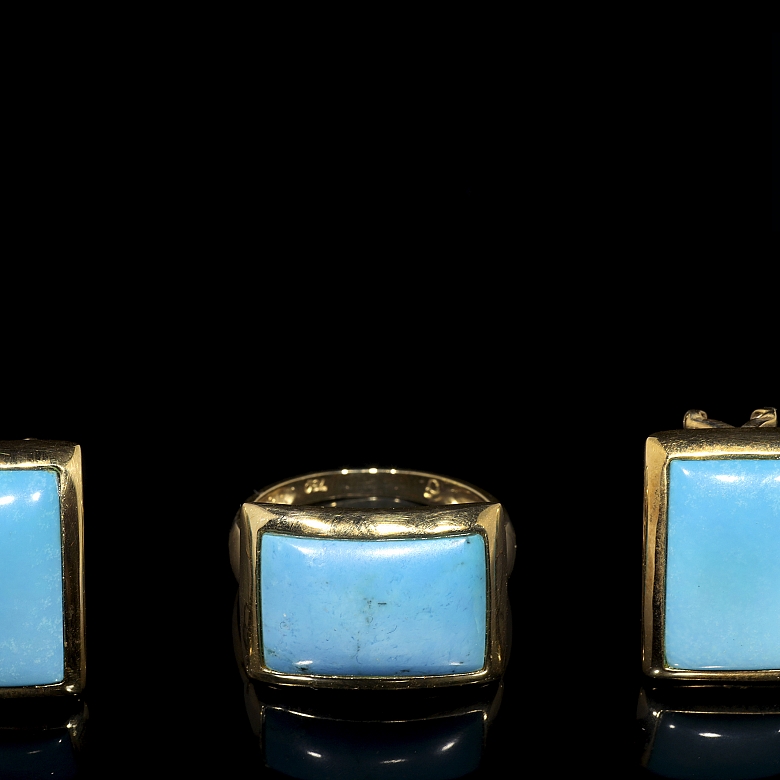 Juego de pendientes y anillo en oro amarillo 18K y turquesas