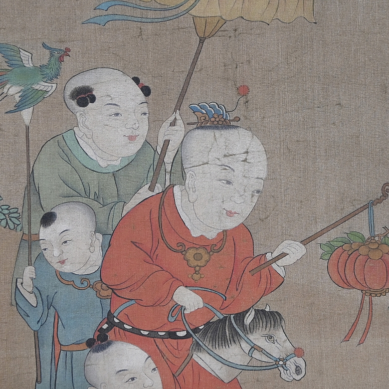 Pintura china “Niños jugando”, con firma Gu Jianlong