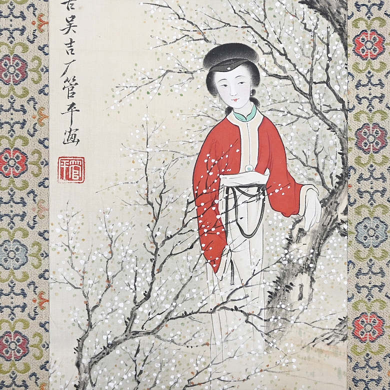 Pintura china “Dama entre ciruelos en flor”, con sello Guan Pinhu