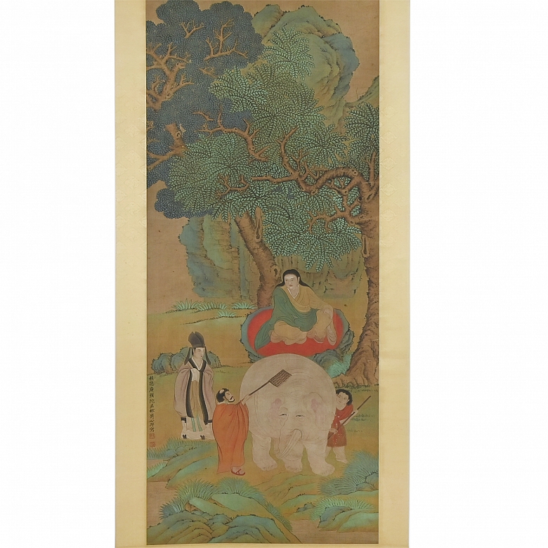 Pintura china “Monje con elefante blanco”, con firma Wu Bin