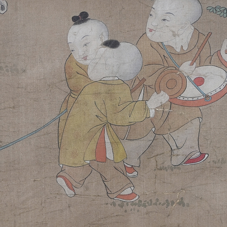 Pintura china “Niños jugando”, con firma Gu Jianlong