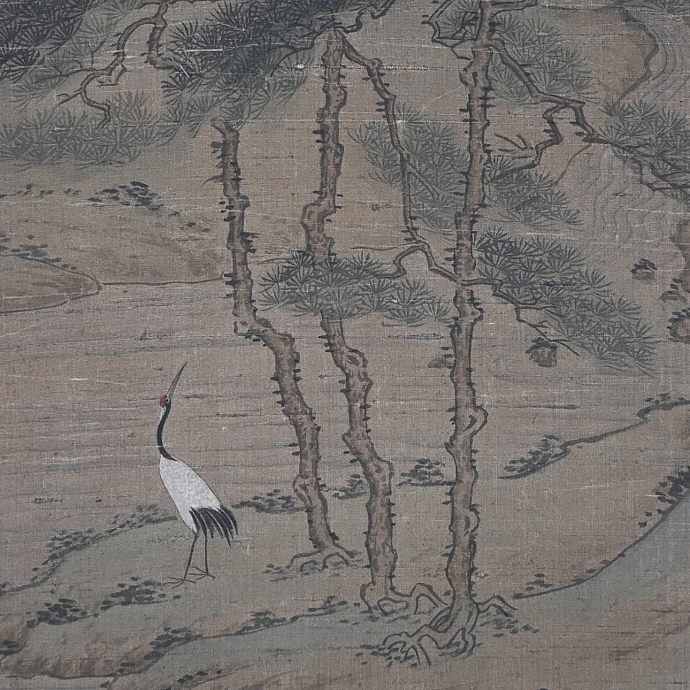 Chinese painting ‘Cranes and Pines’, signed Shen Quan