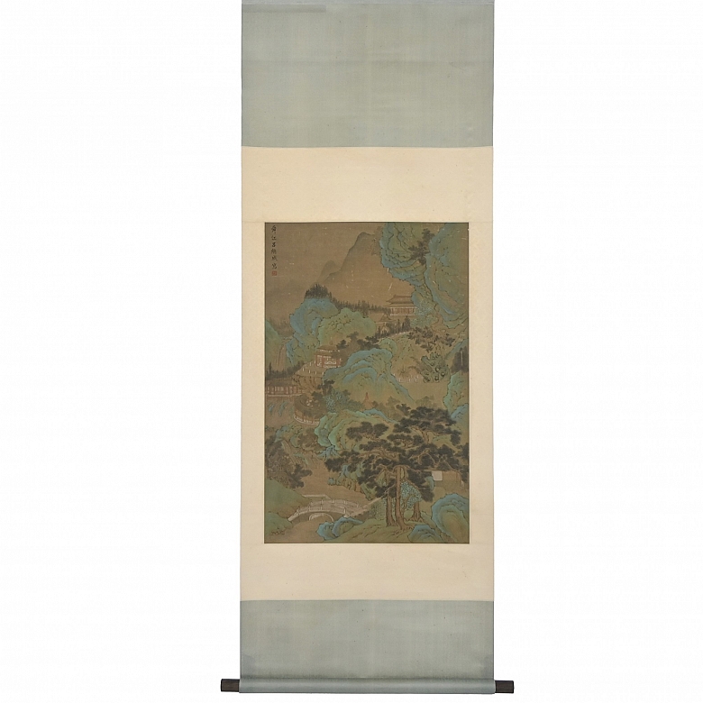 Pintura china “Paisaje con arquitecturas y puente”, con firma Lu Huancheng