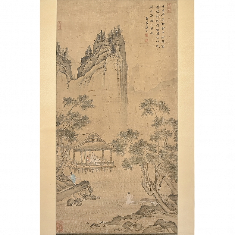 Chinese silk painting, ‘Scene on the Lake’, signed Tan Yin