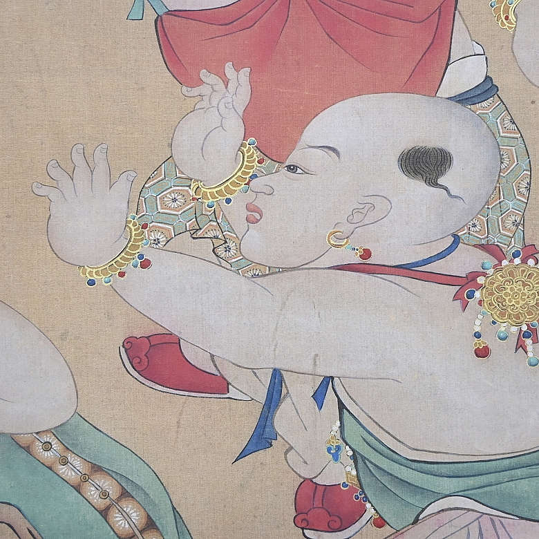 Pintura china “Niños con granada y sapo”, con firma Yao Wenhan