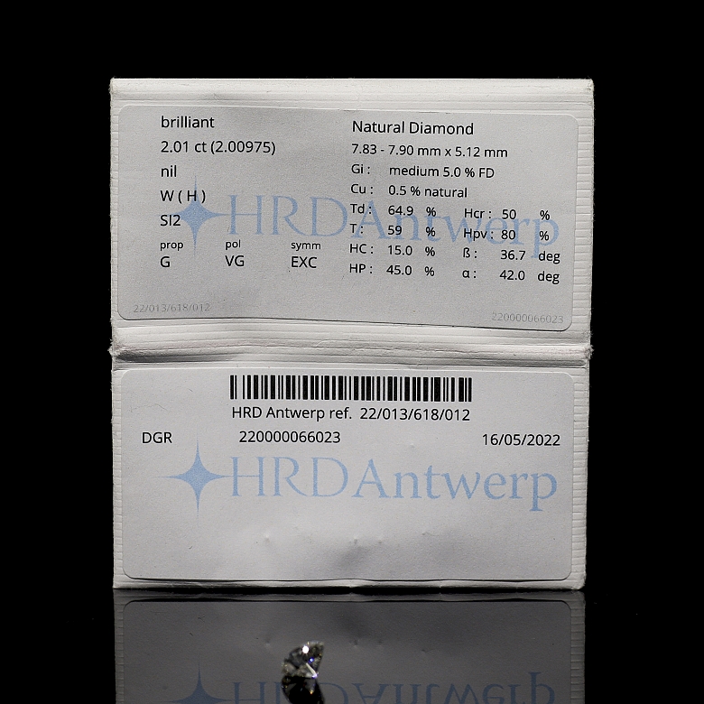 Diamante natural en talla brillante, 2.01 ct, certificado HRD