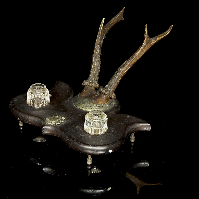 Victorian writing desk made of wood and stag antler - 3