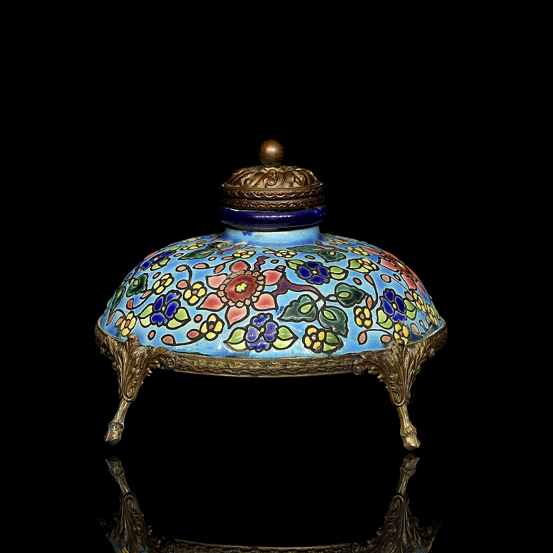 Longwy, bronze and glazed ceramic inkwell, 20th century - 3