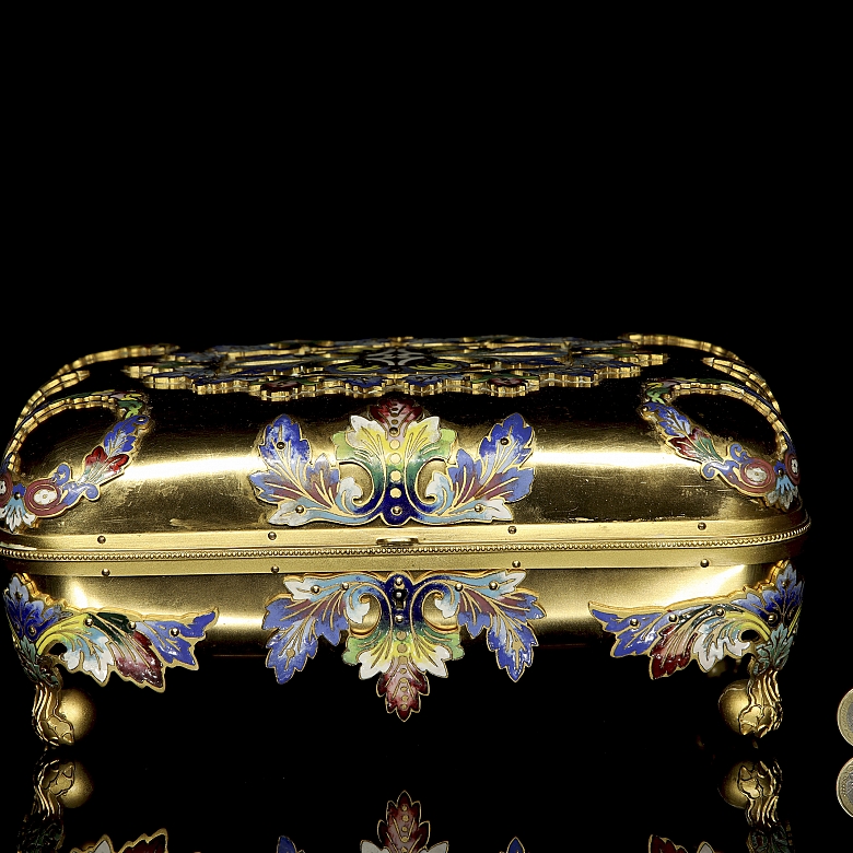 Antique jewellery box in gilded bronze and champlevé