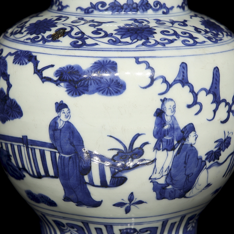 Blue and white porcelain vase ‘Courtly scenes’, with Jiajing seal