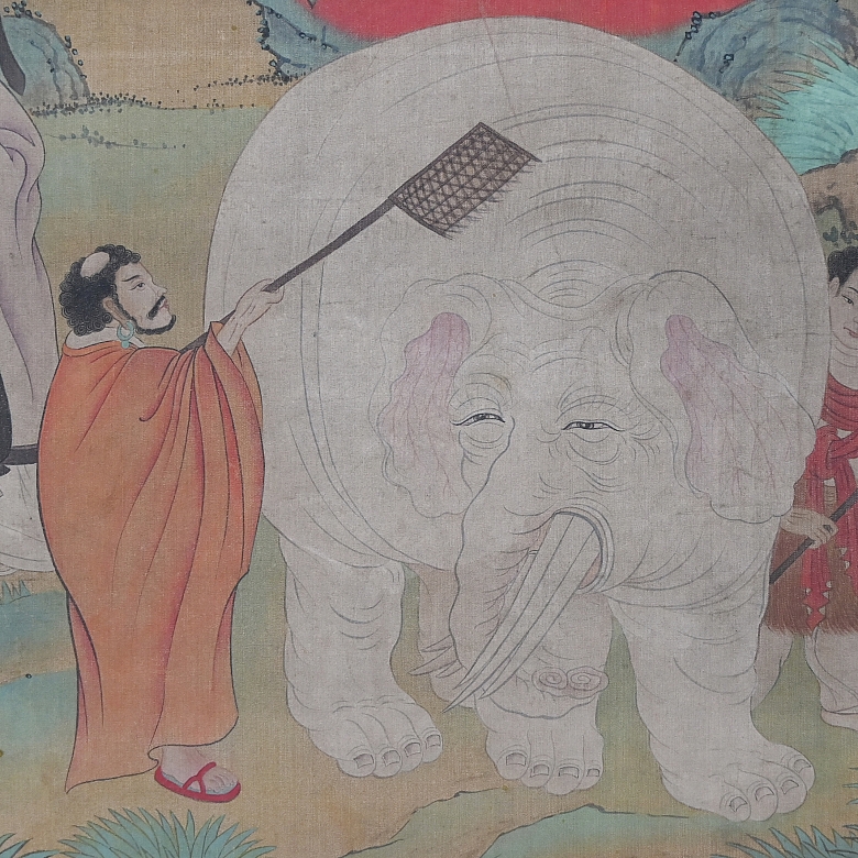 Pintura china “Monje con elefante blanco”, con firma Wu Bin
