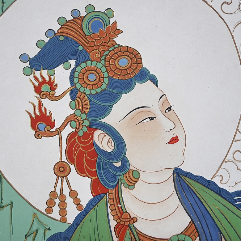 Pintura china “Guanyin de Agua y Luna”, con firma Zhang Daqian