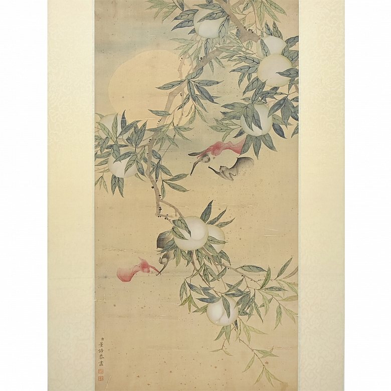 Chinese painting “Peaches and bats,” signed Dong Gao